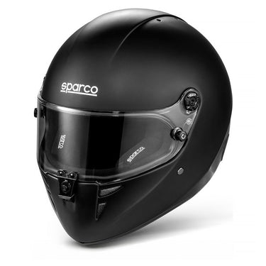 Black Sparco helmet with clear visor on a white background